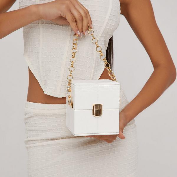 Storm Chain Strap Detail Cube Shaped Grab Bag In White Croc Print