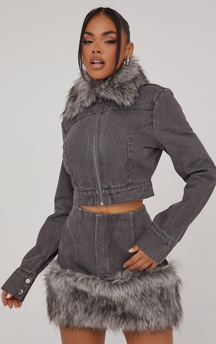 High Waist Faux Fur Trim Detail Mini Skirt In Grey Denim | EGO US