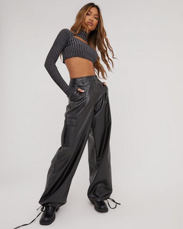 High Waist Pocket Detail Cargo Trousers In Black Faux Leather