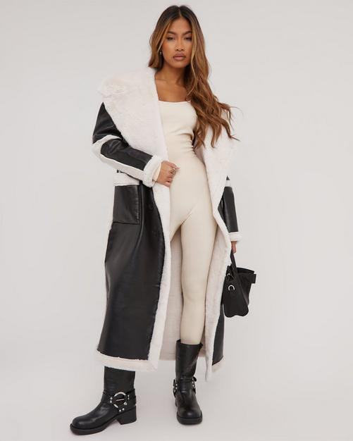 Oversized Borg Contrast Detail Maxi Aviator Coat In Black Faux Leather