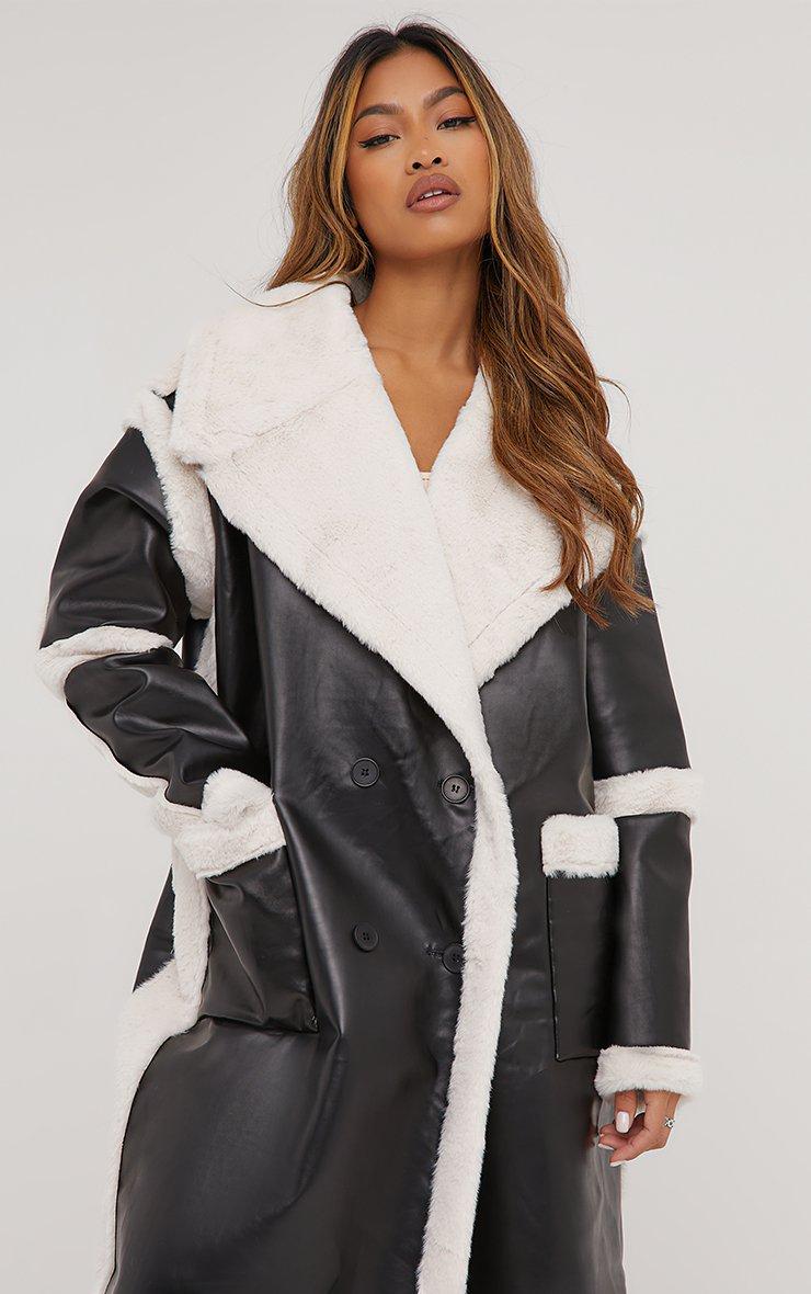 Oversized Borg Contrast Detail Maxi Aviator Coat In Black Faux