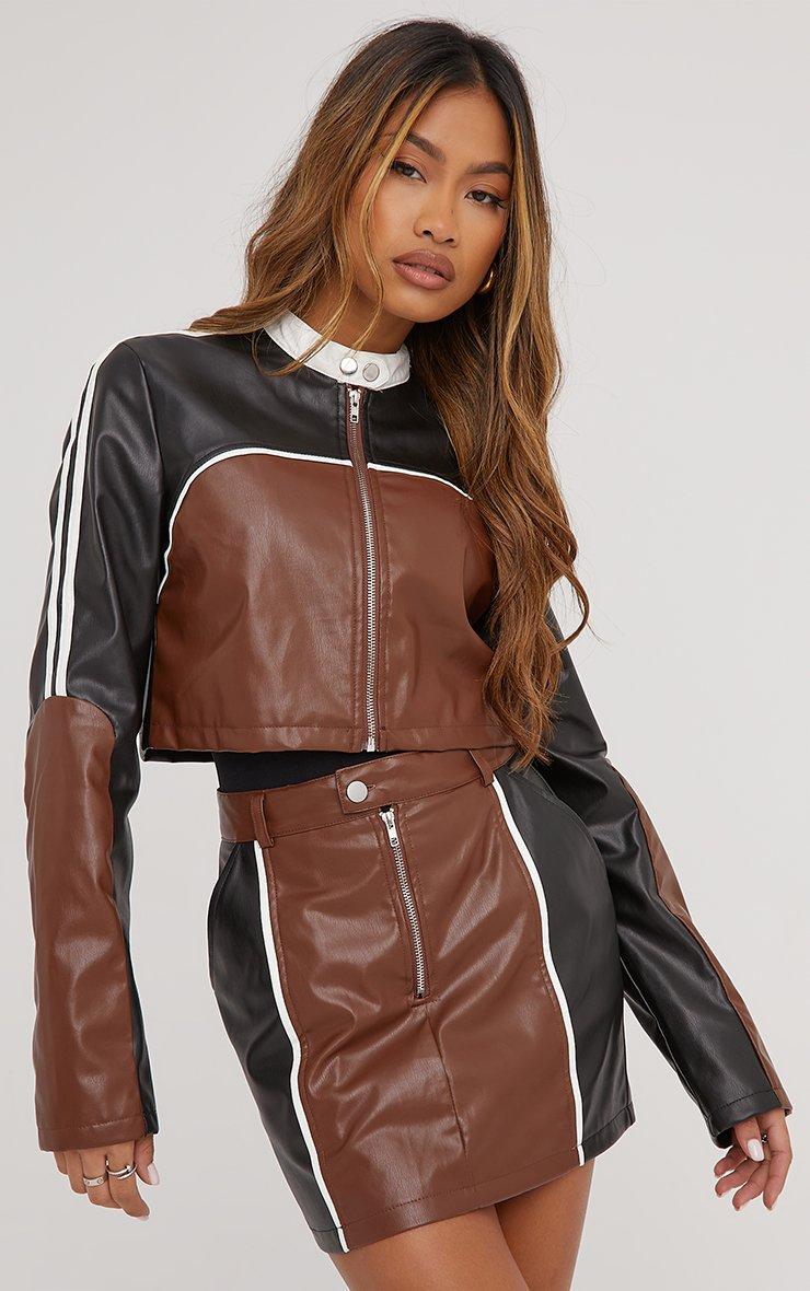 High Neck Zip Front Motocross Colour Block Detail Cropped Jacket