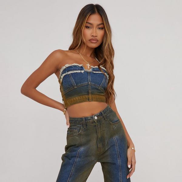 Washed Black Diamante Denim Bandeau Corset Top