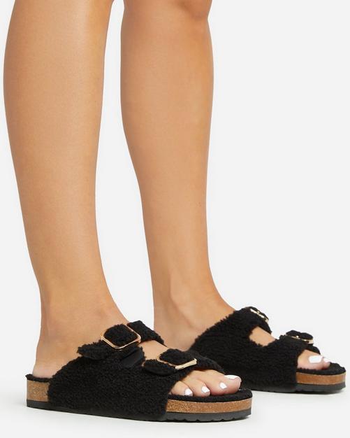 Shonya Faux Shearling Insole Gladiator Velcro Strap Flat Slider Sandal In  Black Faux Leather