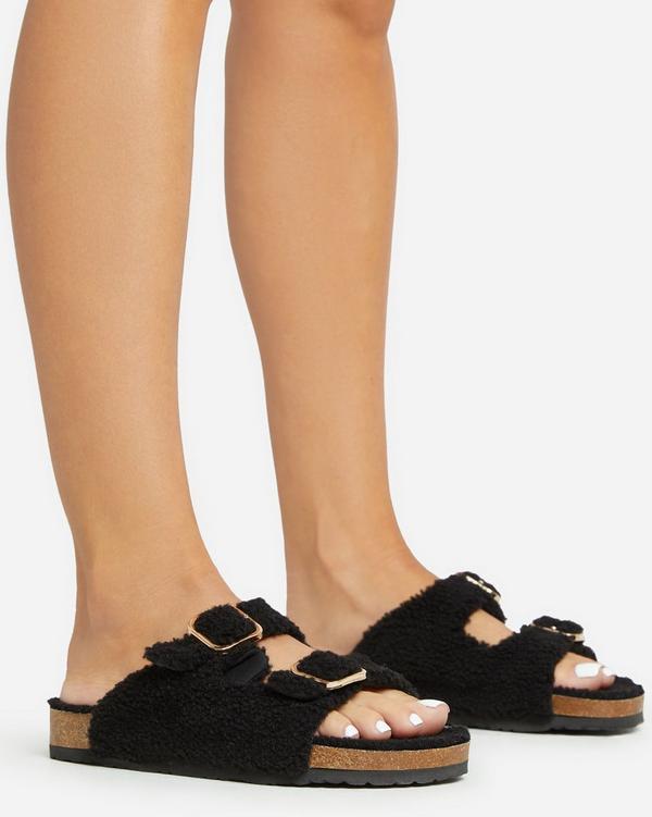 Grazer Double Buckle Strap Flat Slider Sandal In Black Faux