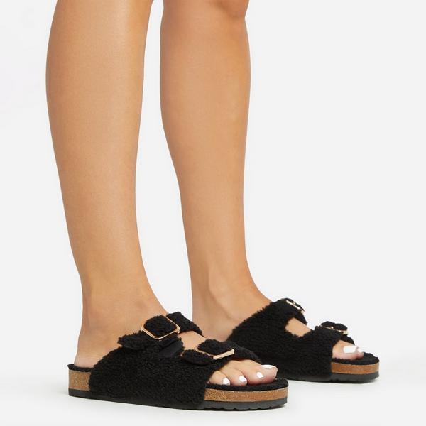 Maddison Caged Detail Flat Slider Sandal In Black Faux Fur EGO