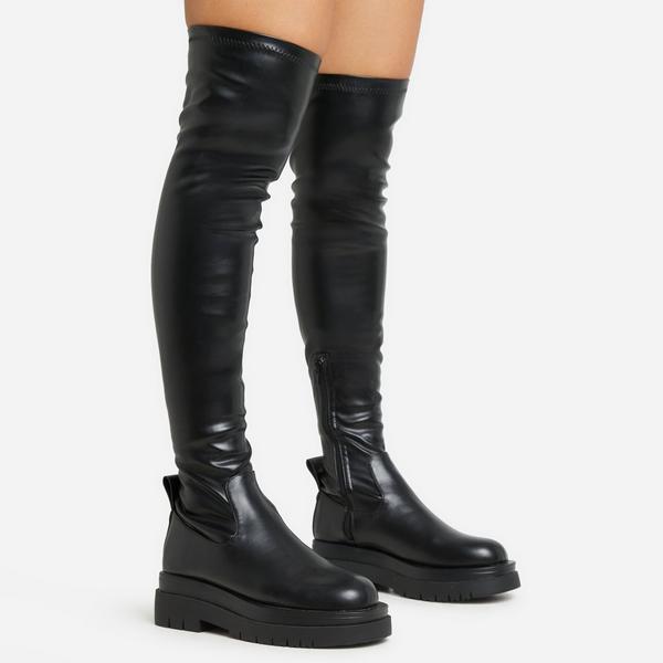 Reaching Over The Knee Thigh High Long Biker Boot In Black Faux