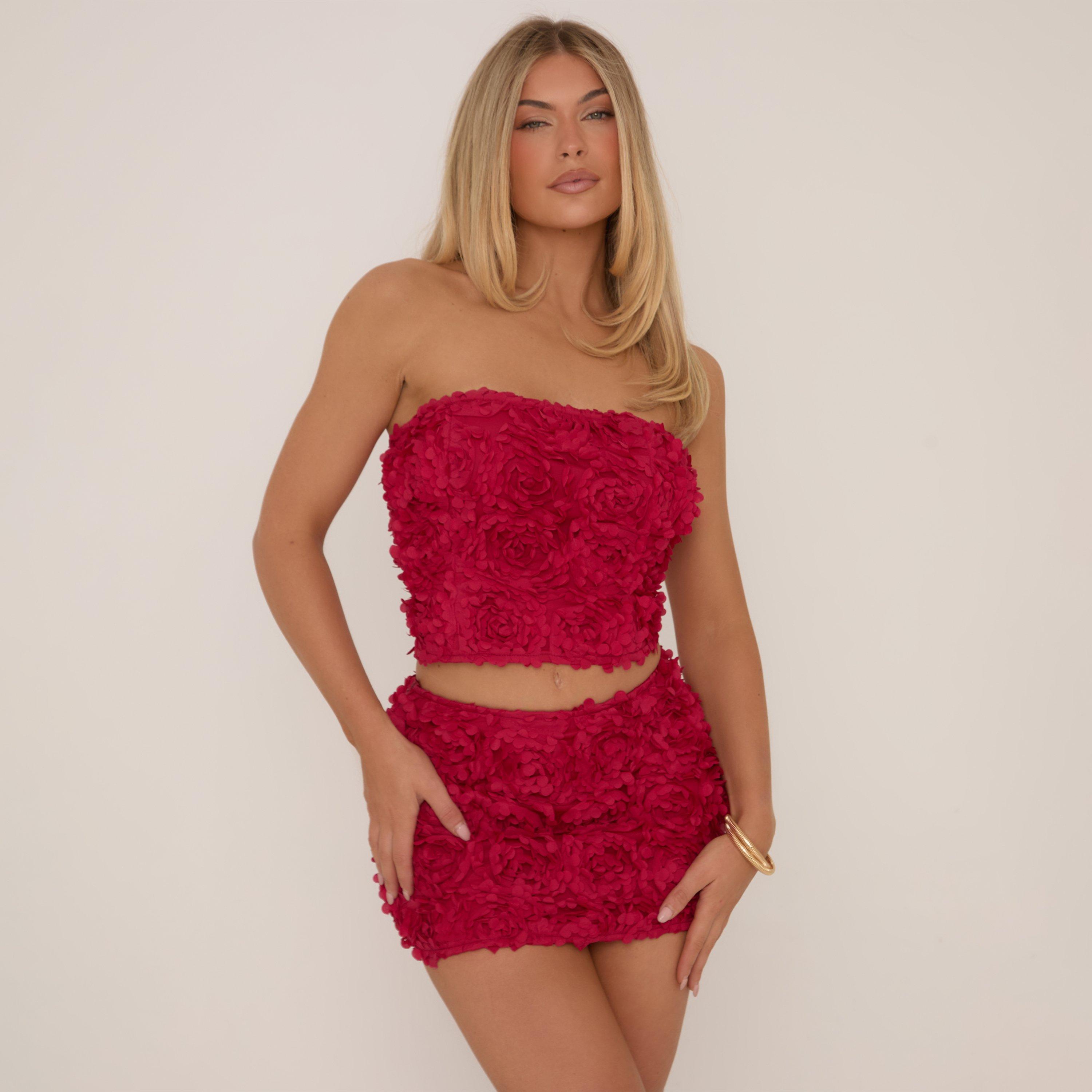 Bandeau Floral Textured Detail Crop Top In Red, Women's Size UK 8