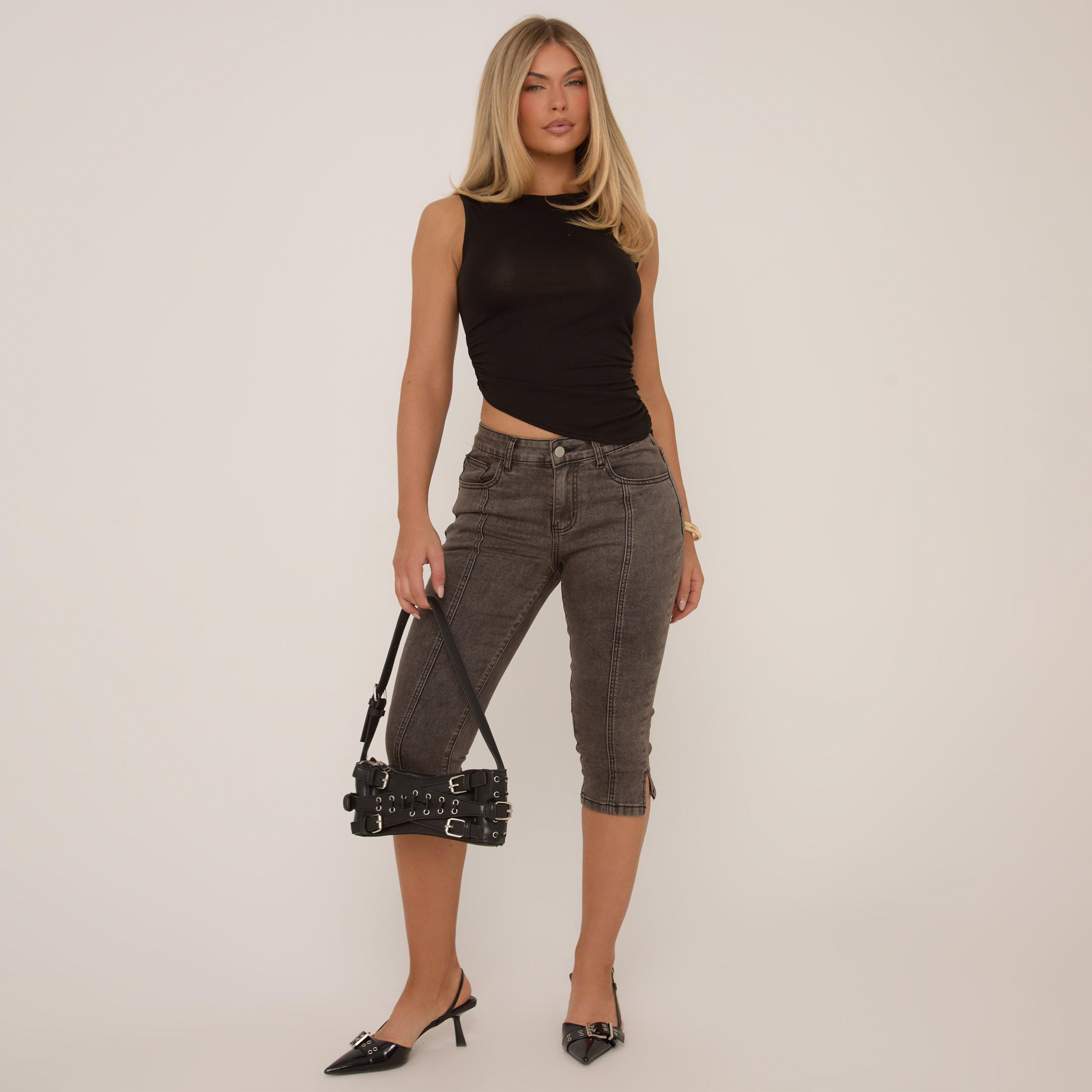 Mid Rise Capri Jeans In Washed Black Denim, Women's Size UK 14