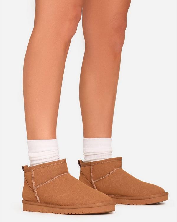 Ultra Mini Ankle Length Faux Fur Lining Boots In Chestnut Brown Faux Suede