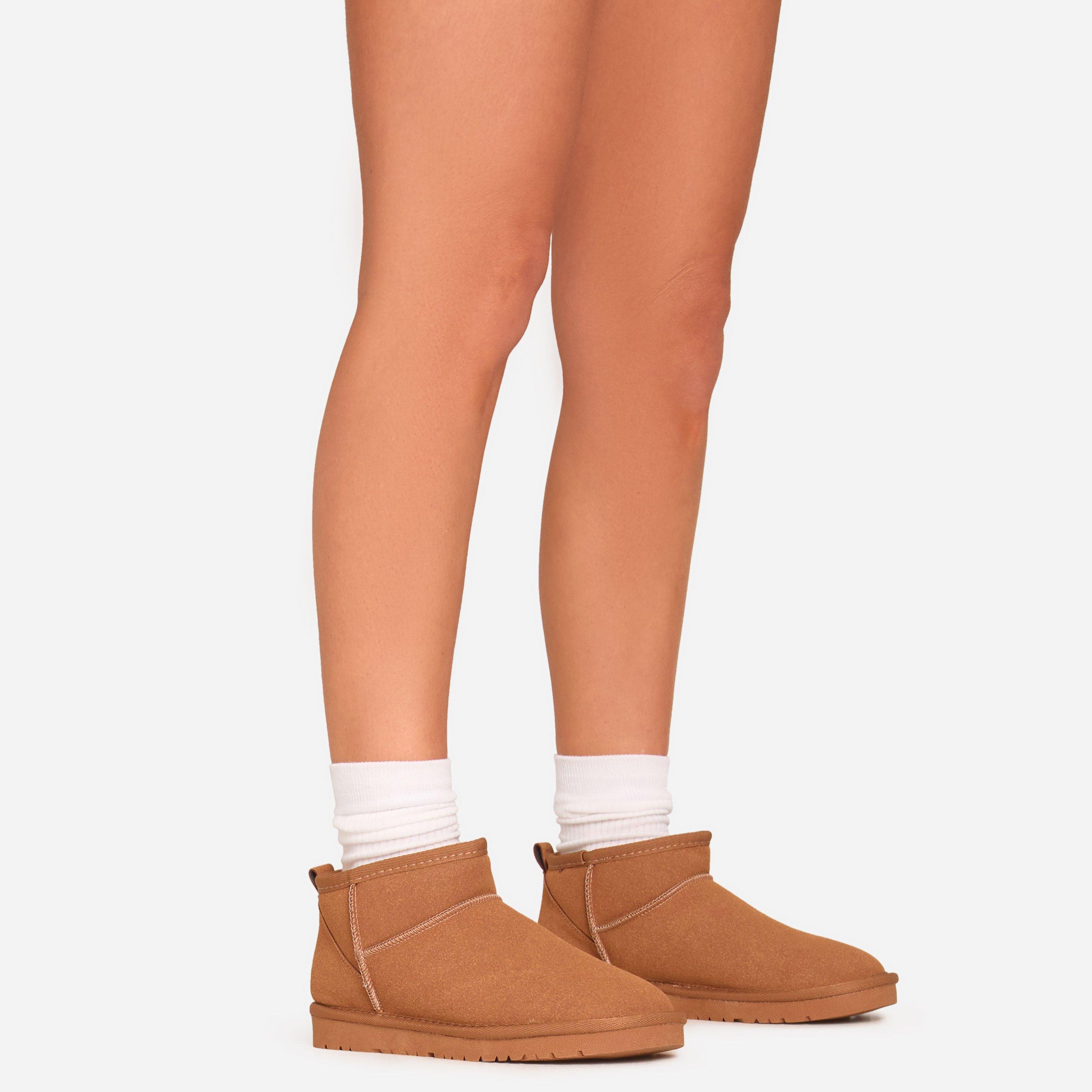 Ultra Mini Ankle Length Faux Fur Lining Boots In Chestnut Brown Faux Suede, Women’s