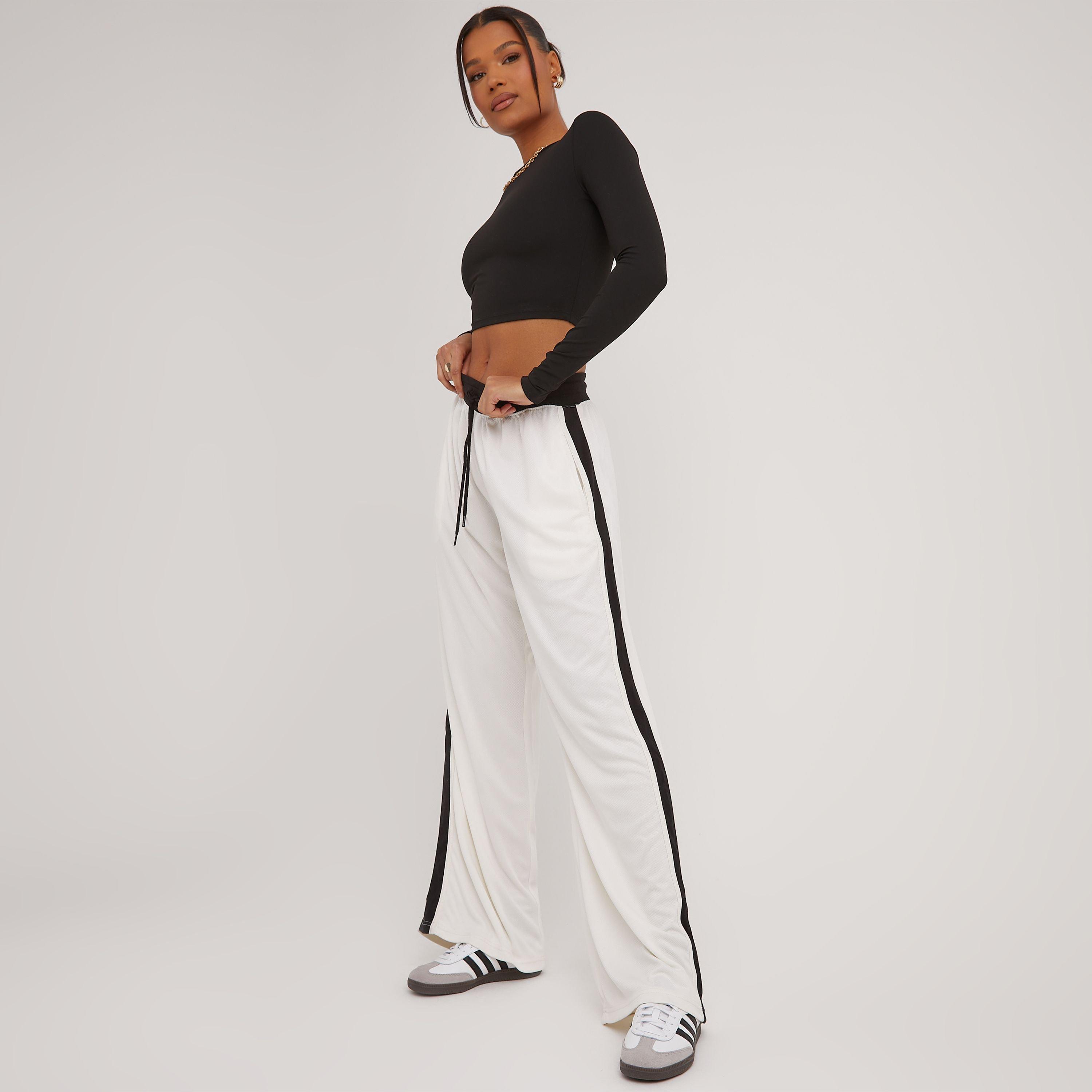 High Waist Contrast Stripe Detail Wide Leg Joggers In Cream, Women’s