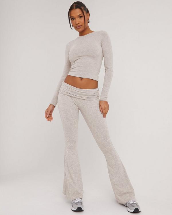 Fold Over Waistband Detail Flared Trousers In Beige