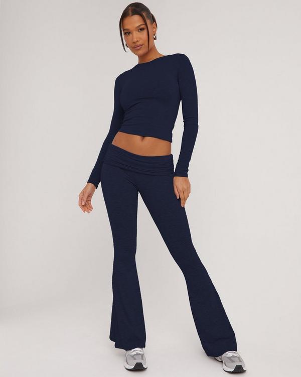 Fold Over Waistband Detail Flared Trousers In Navy Blue