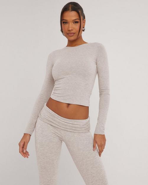 Long Sleeve Body Print Detail Top In Grey Slinky