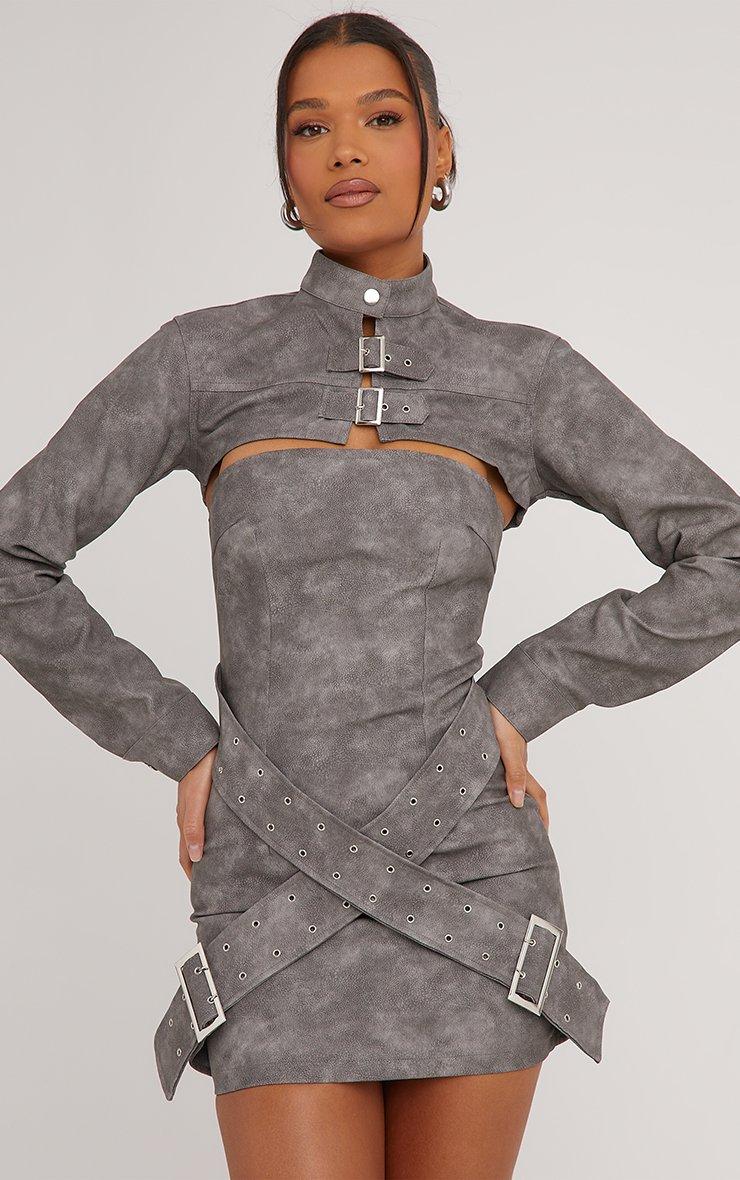 Multi Buckle Detail Extreme Cropped Jacket In Grey Acid Wash Faux