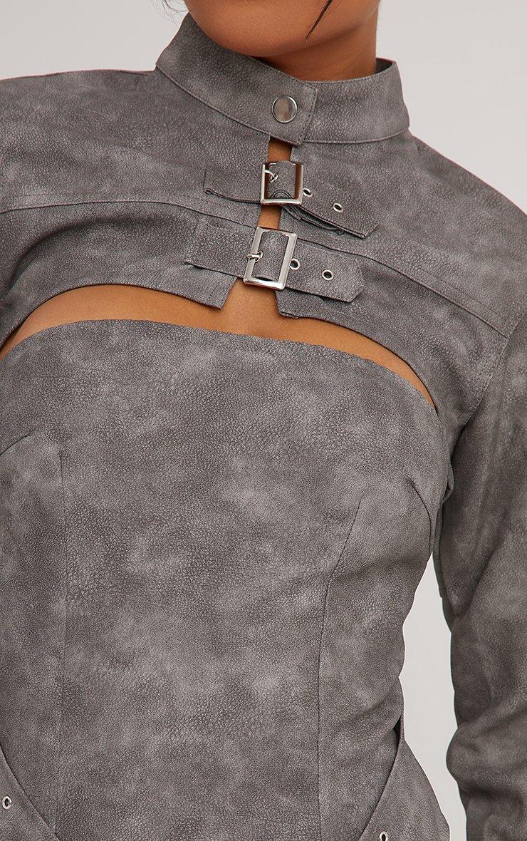 Multi Buckle Detail Extreme Cropped Jacket In Grey Acid Wash Faux