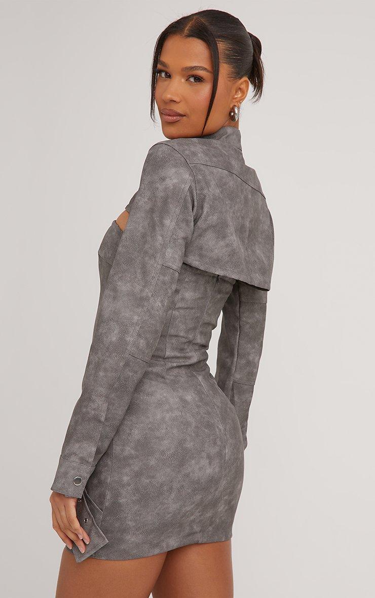 Multi Buckle Detail Extreme Cropped Jacket In Grey Acid Wash Faux