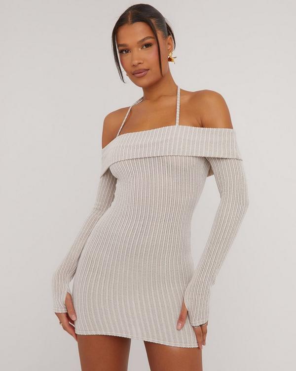 Fold Over Bardot Mini Bodycon Dress In Stone Contrast Rib