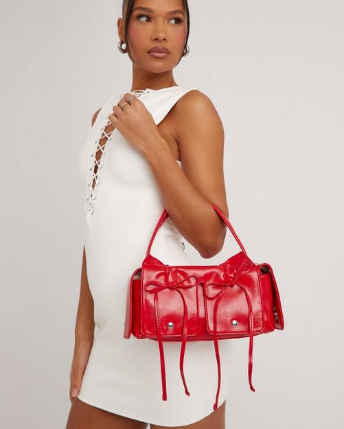 Loreen Woven Knotted Strap Detail Oversized Shoulder Bag In Red Faux  Leather