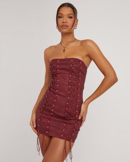 Red Vinyl Bandeau Bodycon Dress, Dresses