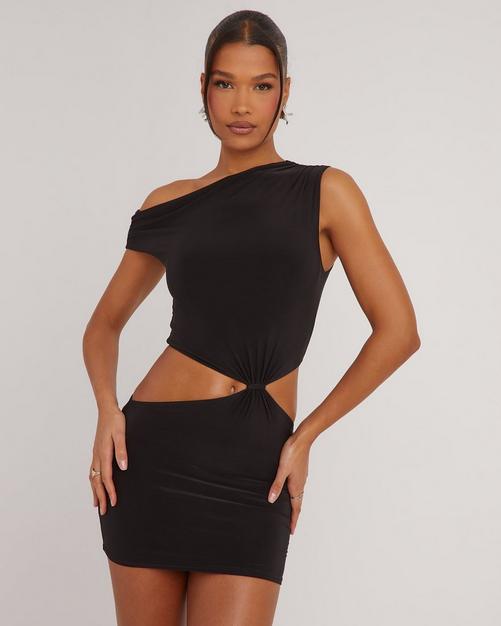 SAVE - ONE SHOULDER RUCHED DETAIL MINI BODYCON DRESS IN BLACK WET LOOK  METALLIC