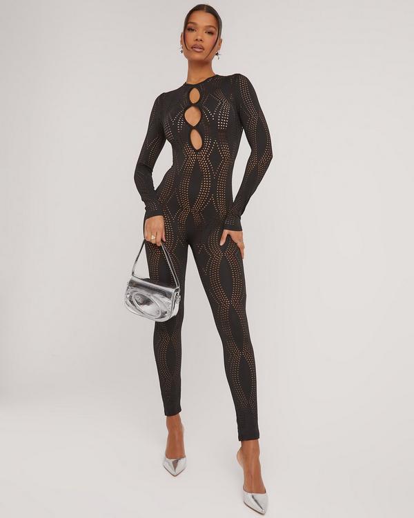 Long Sleeve Cut Out Detail Seamless Jumpsuit In Black Sheer Mesh