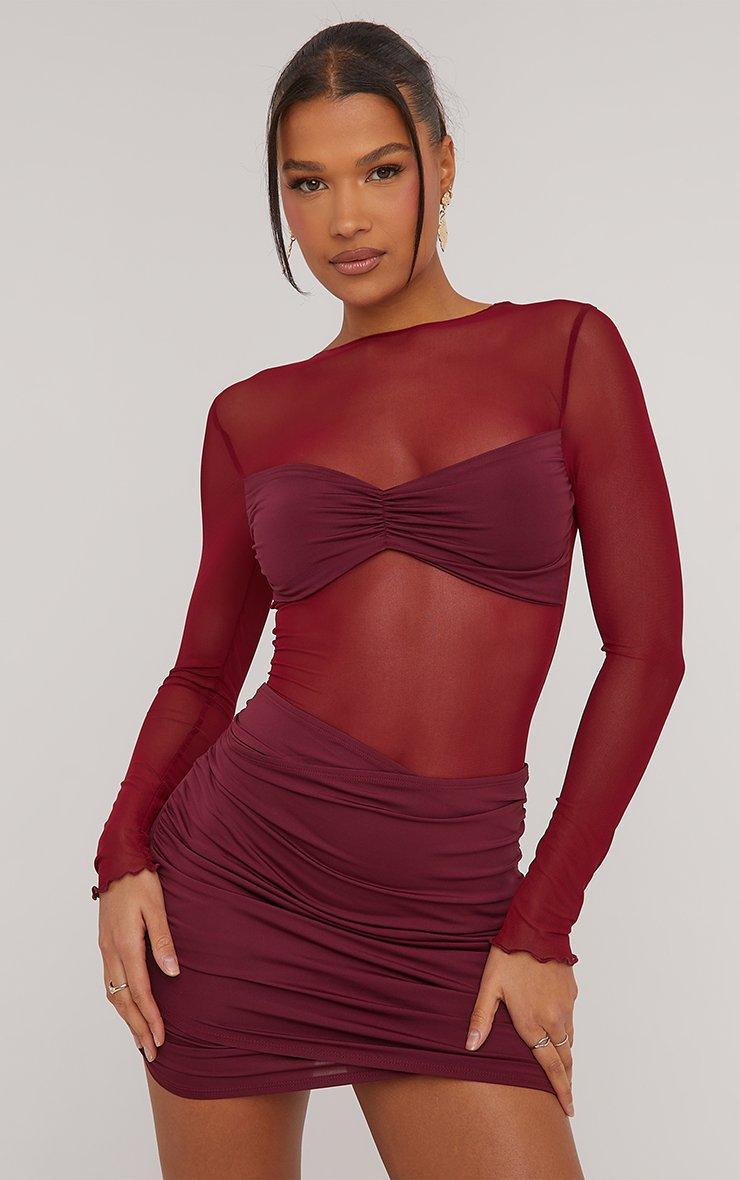 Long Sleeve Wrap Slinky Detail Mini Bodycon Dress In Burgundy Mesh | EGO UK 