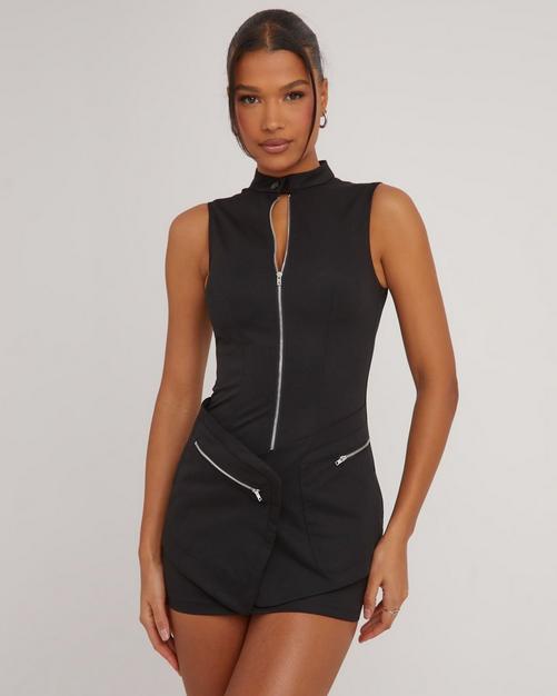 Extreme Plunge Cut Out Detail Mini Bodycon Dress In Black Vinyl