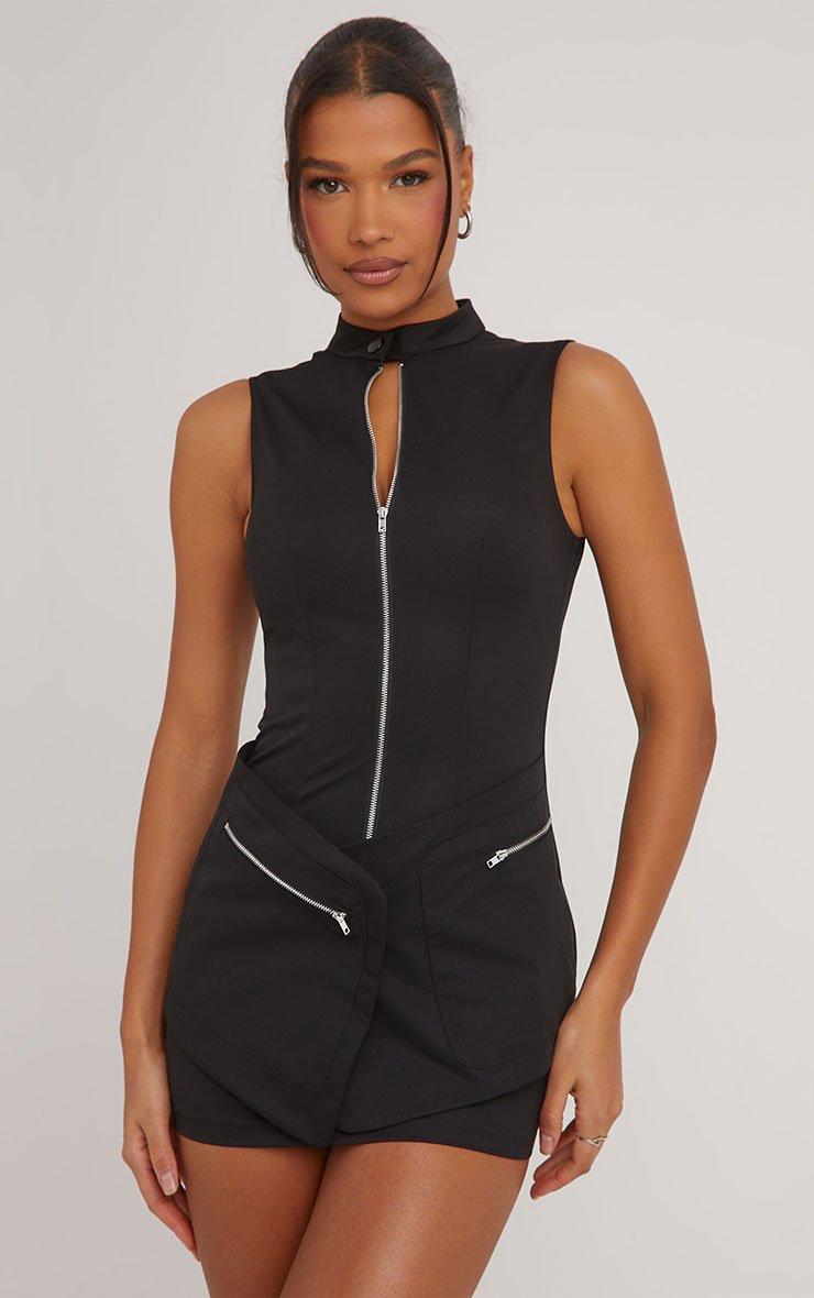 High Neck Zip Front Cross Pocket Detail Cargo Mini Dress In