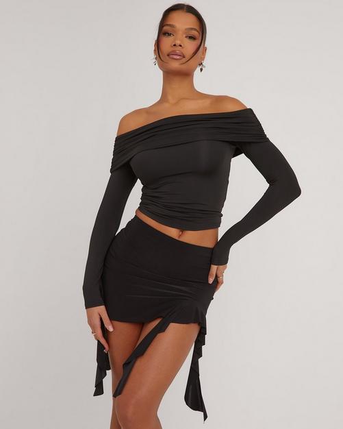 Long Sleeve Bardot Fold Over Crop Top In Black Knit EGO