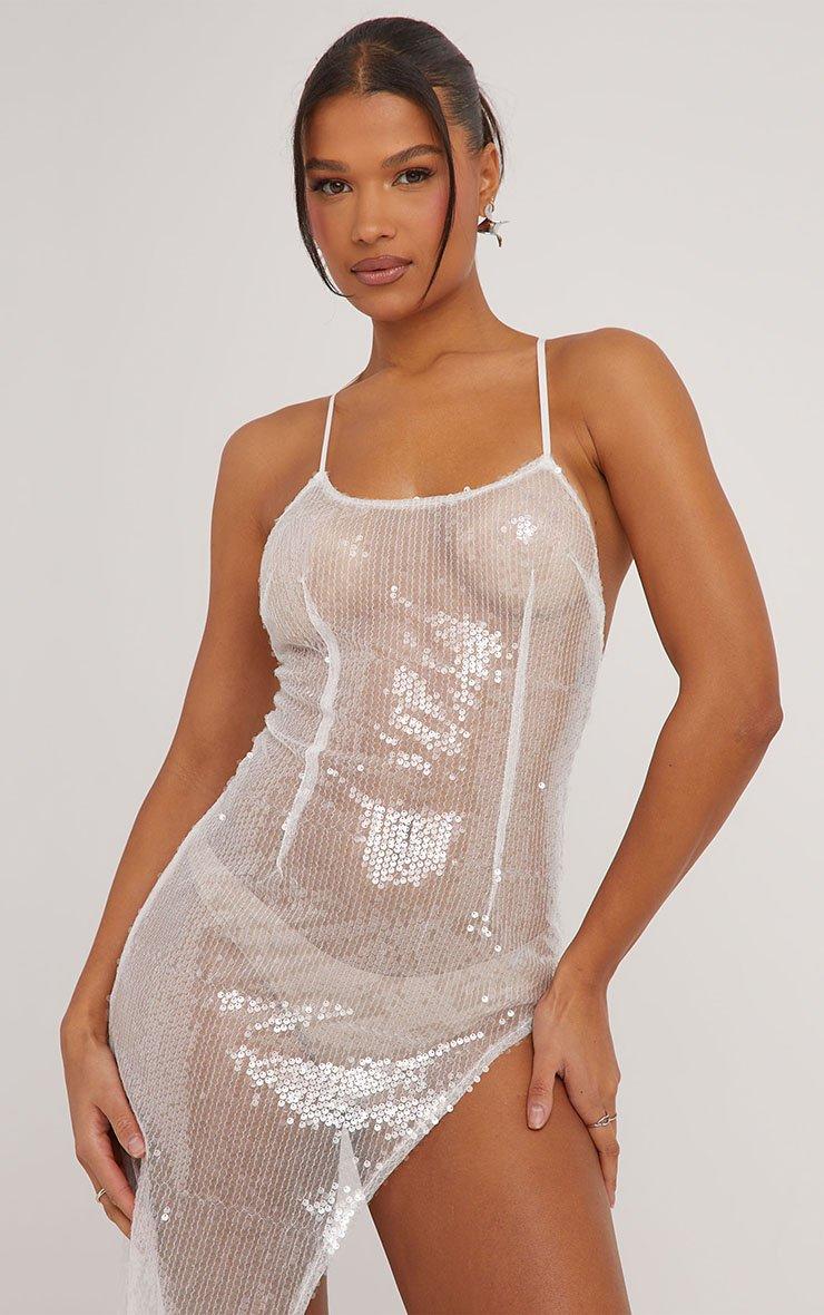 Strappy Open Back Detail Asymmetric Maxi Dress In Silver Sheer Sequin | EGO  US | EGO