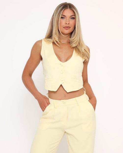 Plunge Neck Button Front Fitted Waist Coat In Yellow