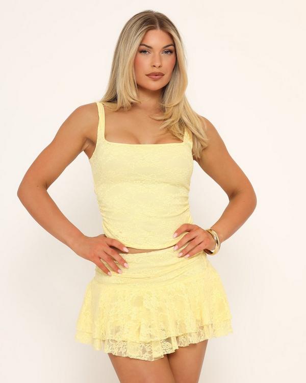 Scoop Neck Crop Top In Yellow Lace