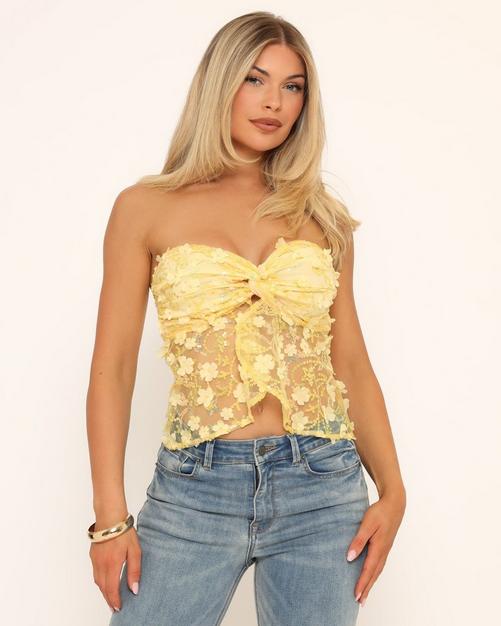Bandeau Split Front Top In Yellow Textured Sequin