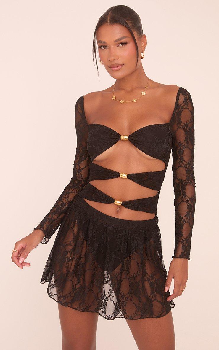 Long Sleeve Beaded Detail Flippy Hem Mini Dress In Black Lace | EGO US | EGO