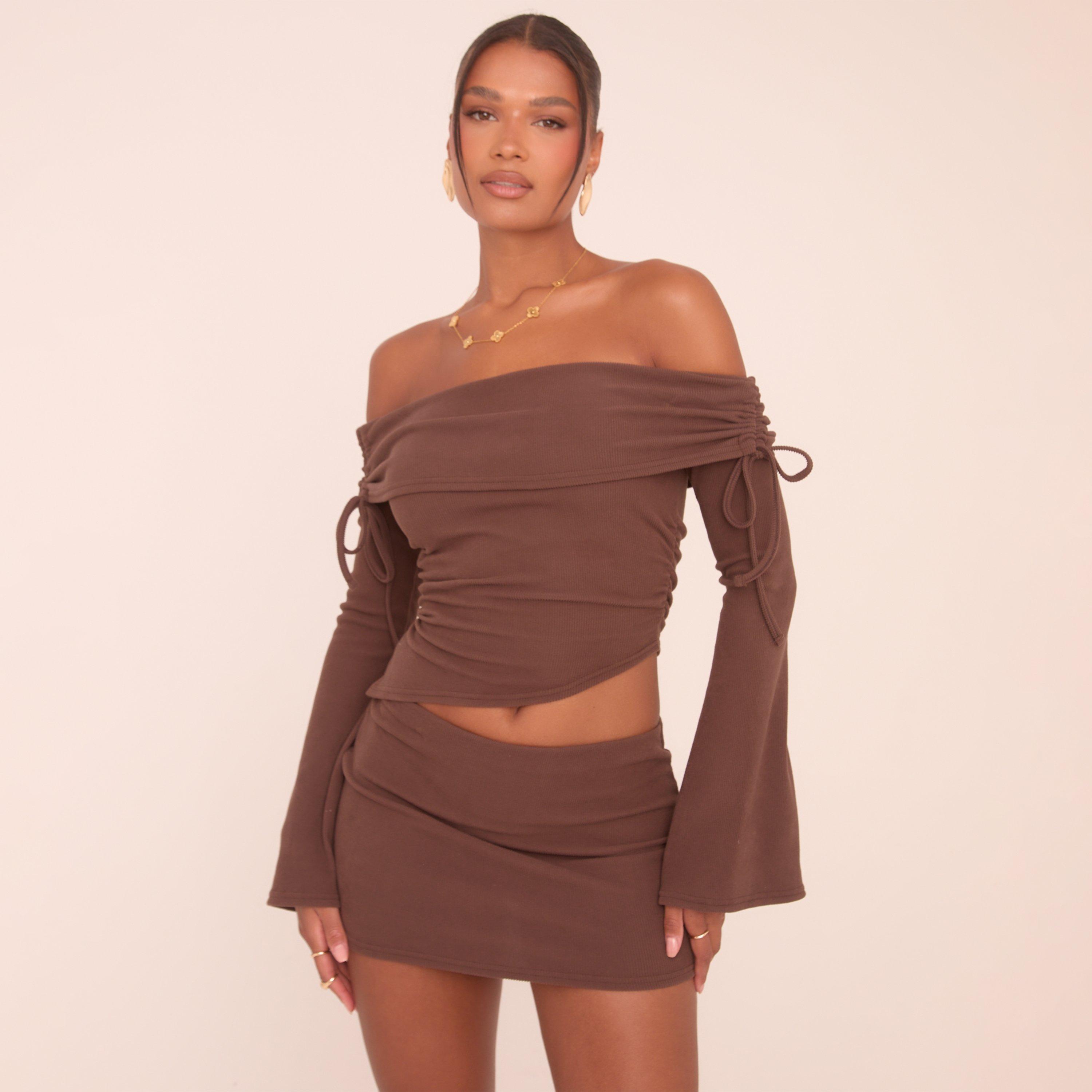 Image of Fold Over Bardot Long Flared Sleeve Asymmetric Top In Chocolate Brown Brushed Rib, Women's