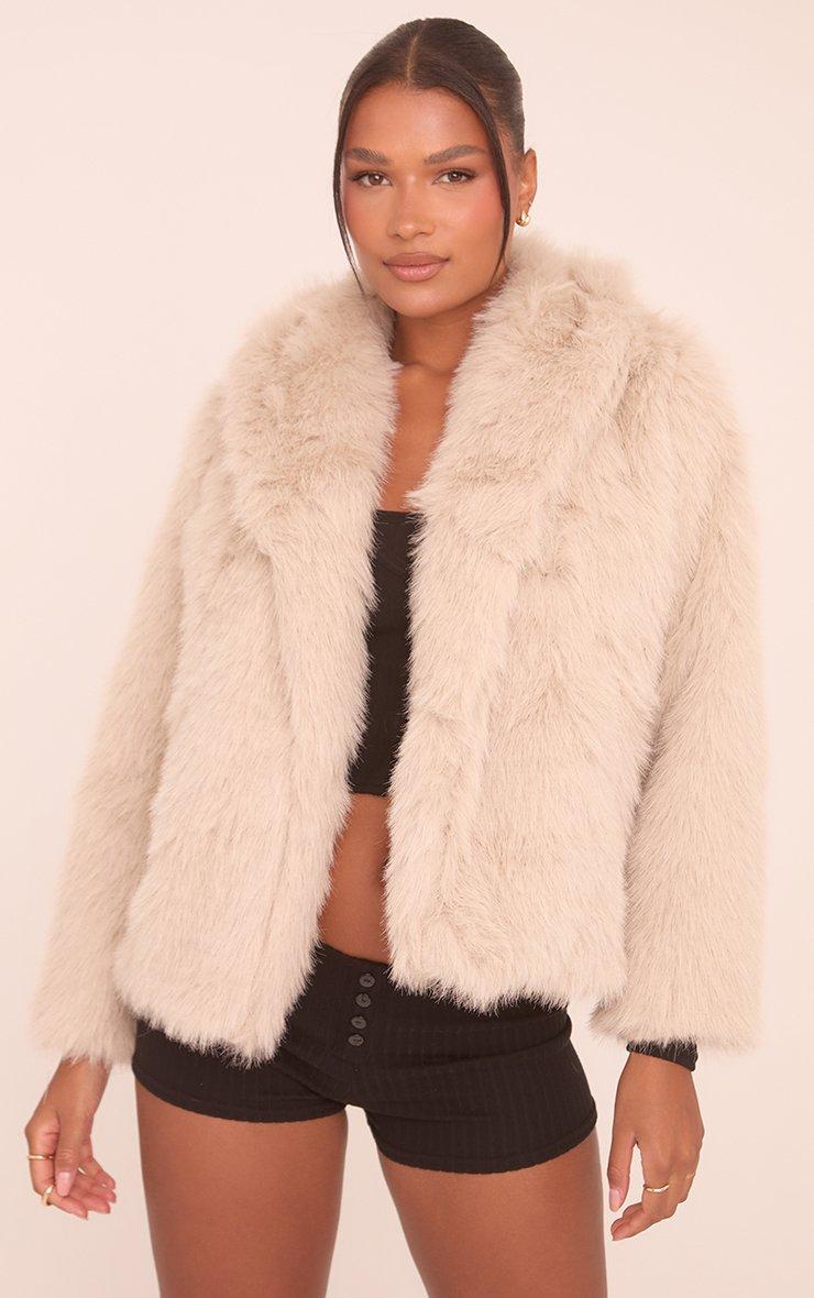 Oversized Collar Cropped Jacket In Stone Faux Fur | EGO US | EGO