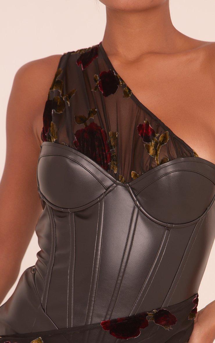 One Shoulder Contrast Rose Devore Print Corseted Mini Bodycon Dress In  Black Faux Leather | EGO UK | EGO