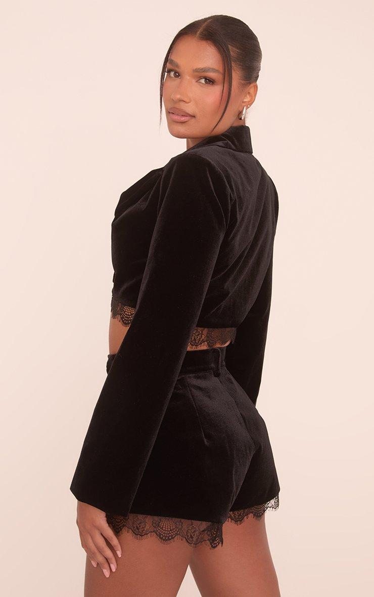 High Waist Lace Trim Detail Tailored Shorts In Black Velvet | EGO