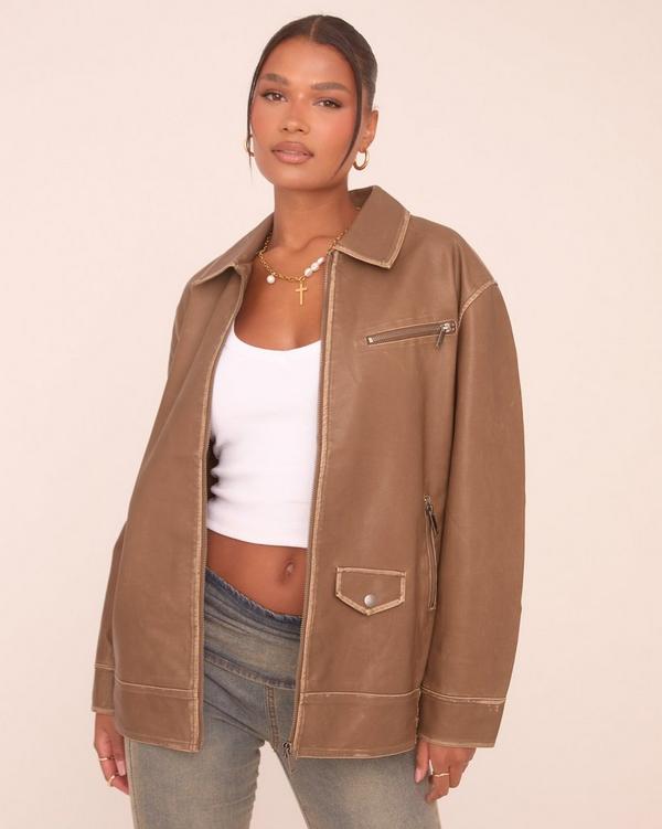 Pocket Detail Trucker Jacket In Washed Taupe Brown Faux Leather EGO