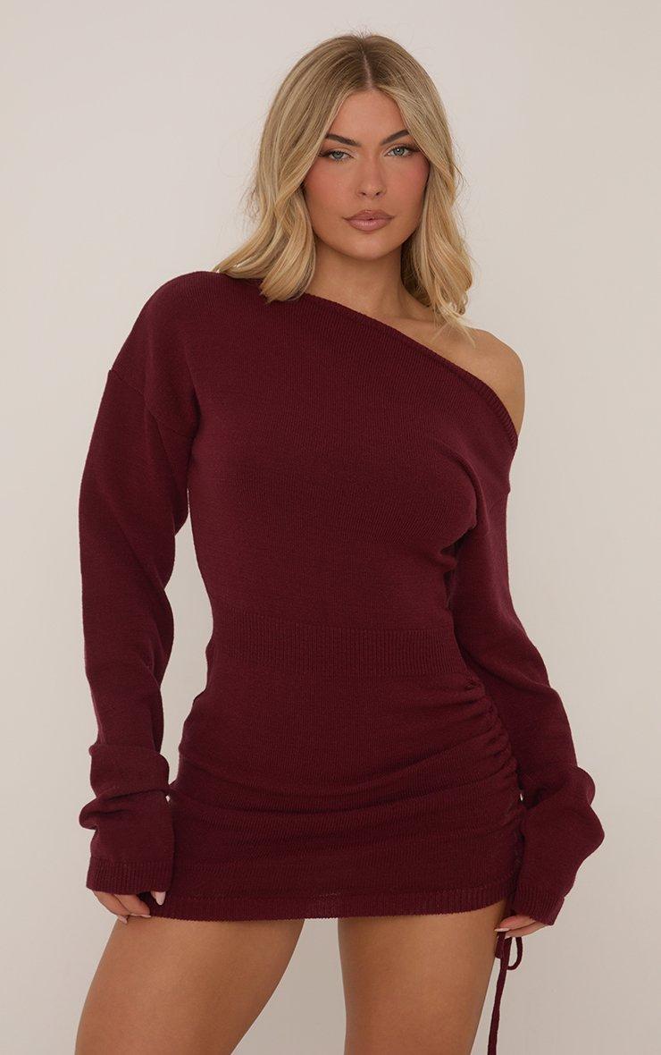 long sleeve burgundy mini dress Ruched Bodycon O-Neck out back for an elegant touch Vanessa Burgundy Ruched Mini Dress