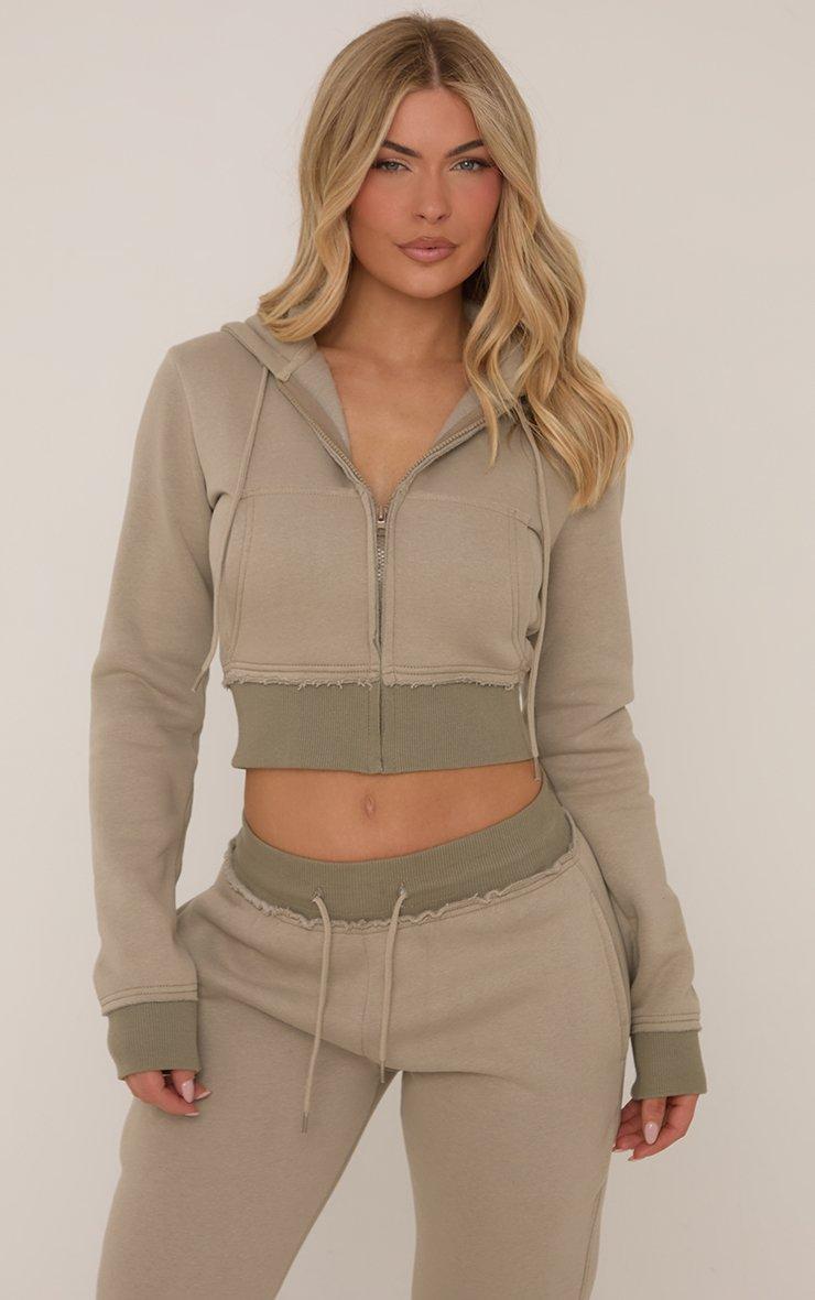 Contrast Distressed Detail Cropped Zip Up Hoodie In Green | EGO US
