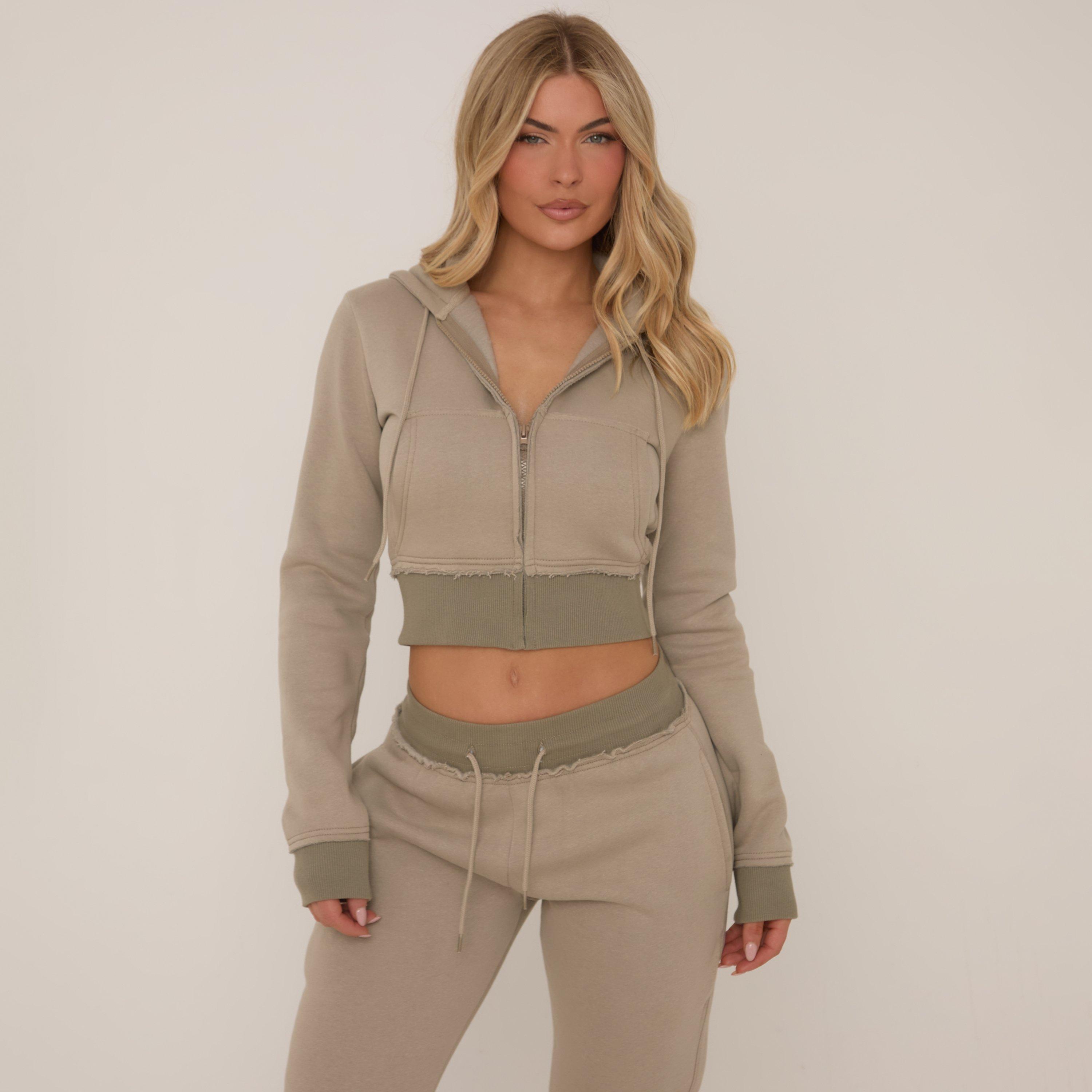 Contrast Distressed Detail Cropped Zip Up Hoodie In Green, Women's Size UK 16