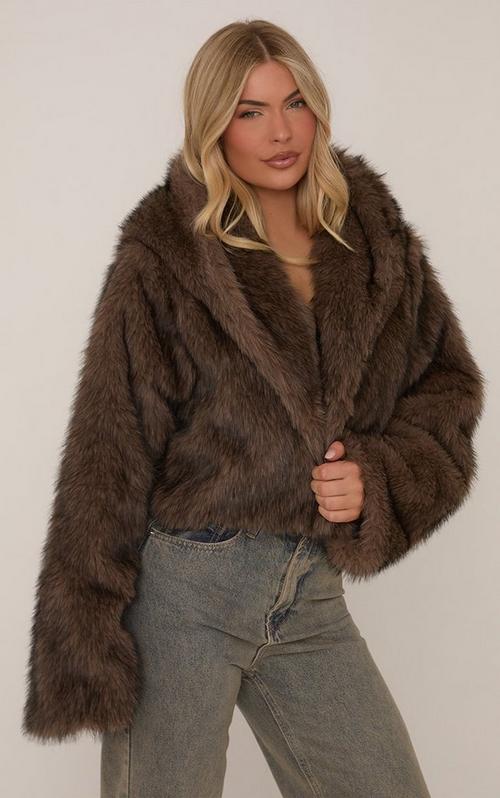 Collared Zip Up Jacket In Brown Faux Fur | EGO US | EGO
