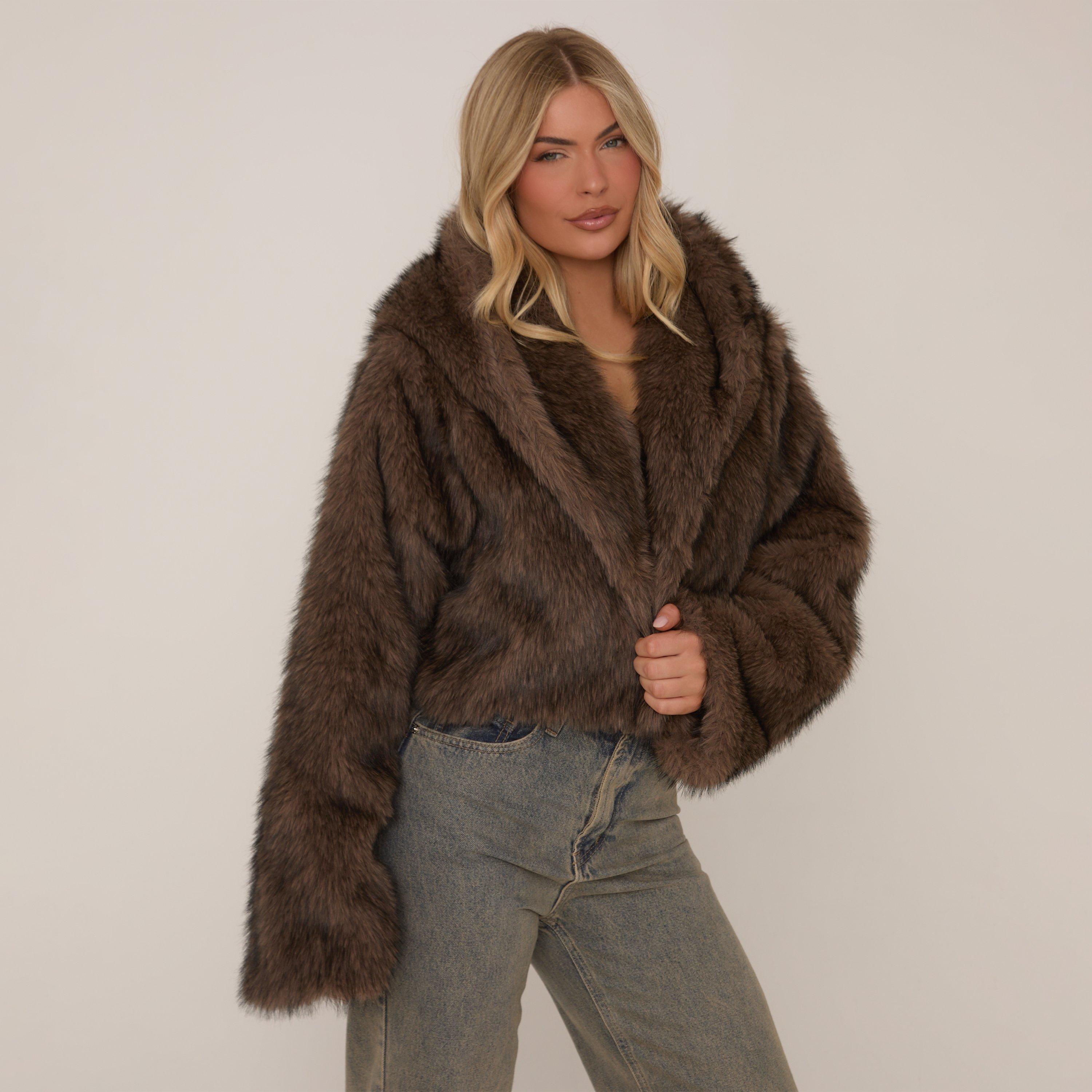 Hooded Cropped Jacket In Chocolate Brown Faux Fur, Women’s