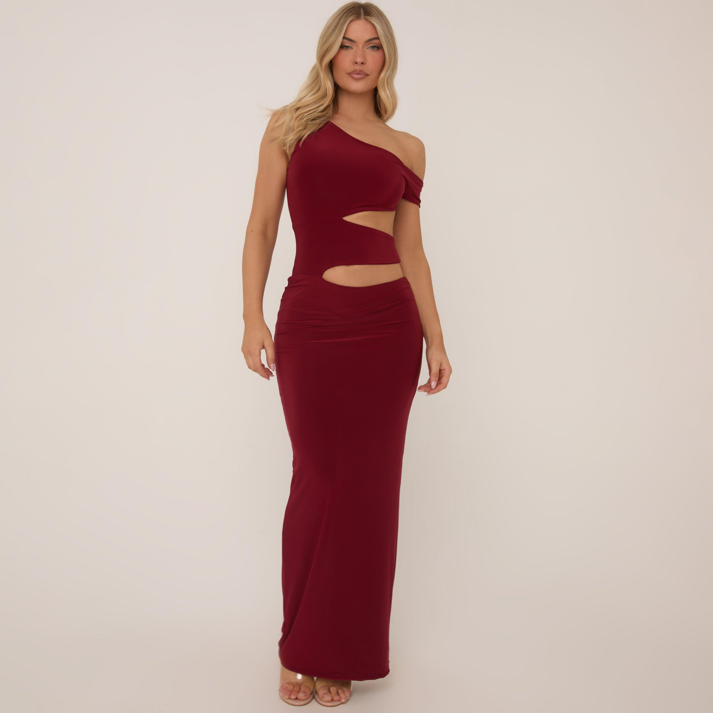 Asymmetric One Shoulder Cut Out Maxi Dress In Burgundy Slinky, Women’s