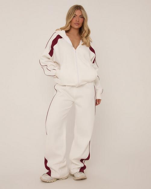 Burgundy Contrast Stripe Straight Leg Joggers In Cream