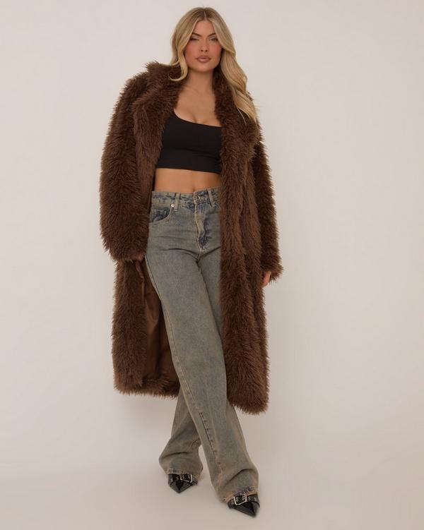 Maxi Length Coat In Brown Shaggy Faux Fur