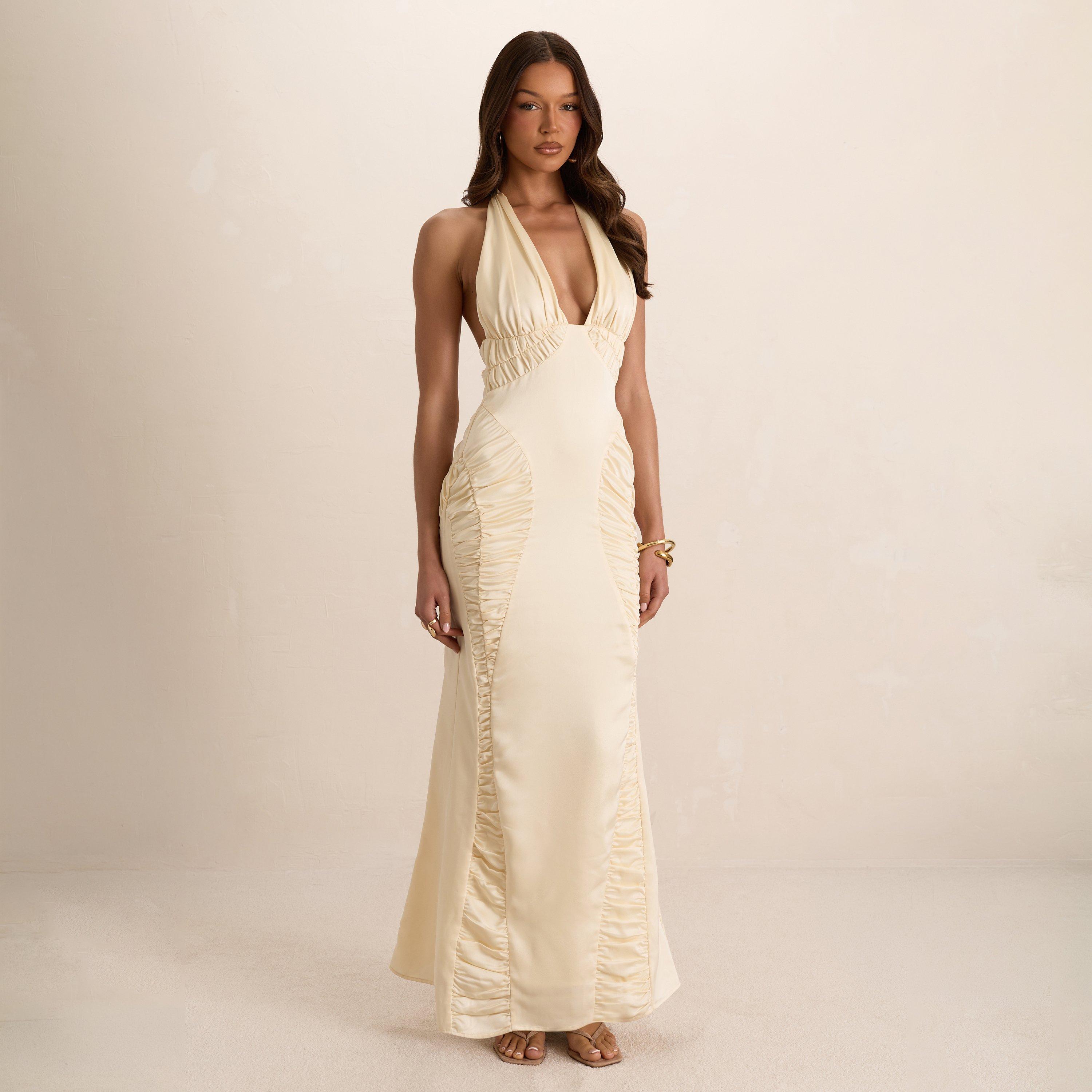 Plunge Halterneck Shirred Detail Maxi Dress In Cream Satin, Women's Size UK 6
